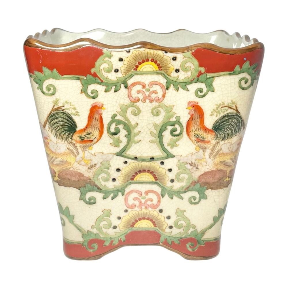 Vintage Ceramic French-style Chinoiserie “Rooster” Jardinière Cachepot Planter